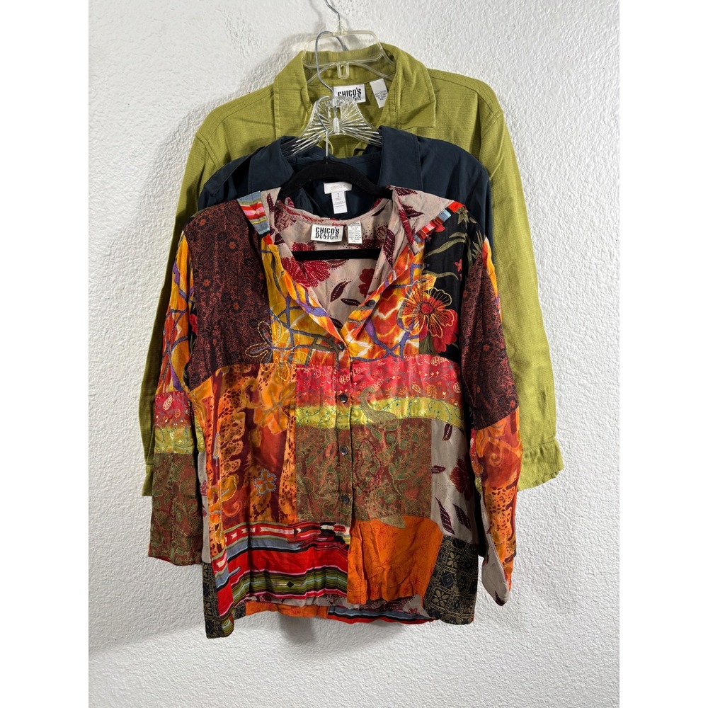 Chicos‎ Lot of 3 Womens Tops Size 1 Patchwork Boho Hooded Shirt Green Blue